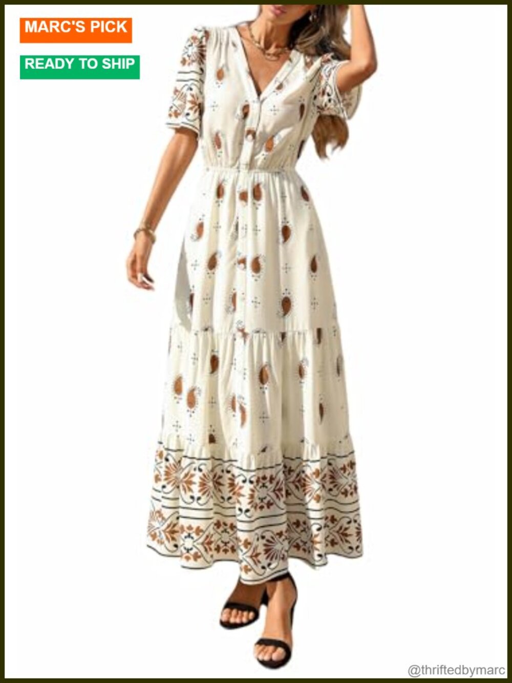 Boho Floral Maxi Dress V-Neck Short Sleeve with Pockets Lightweight